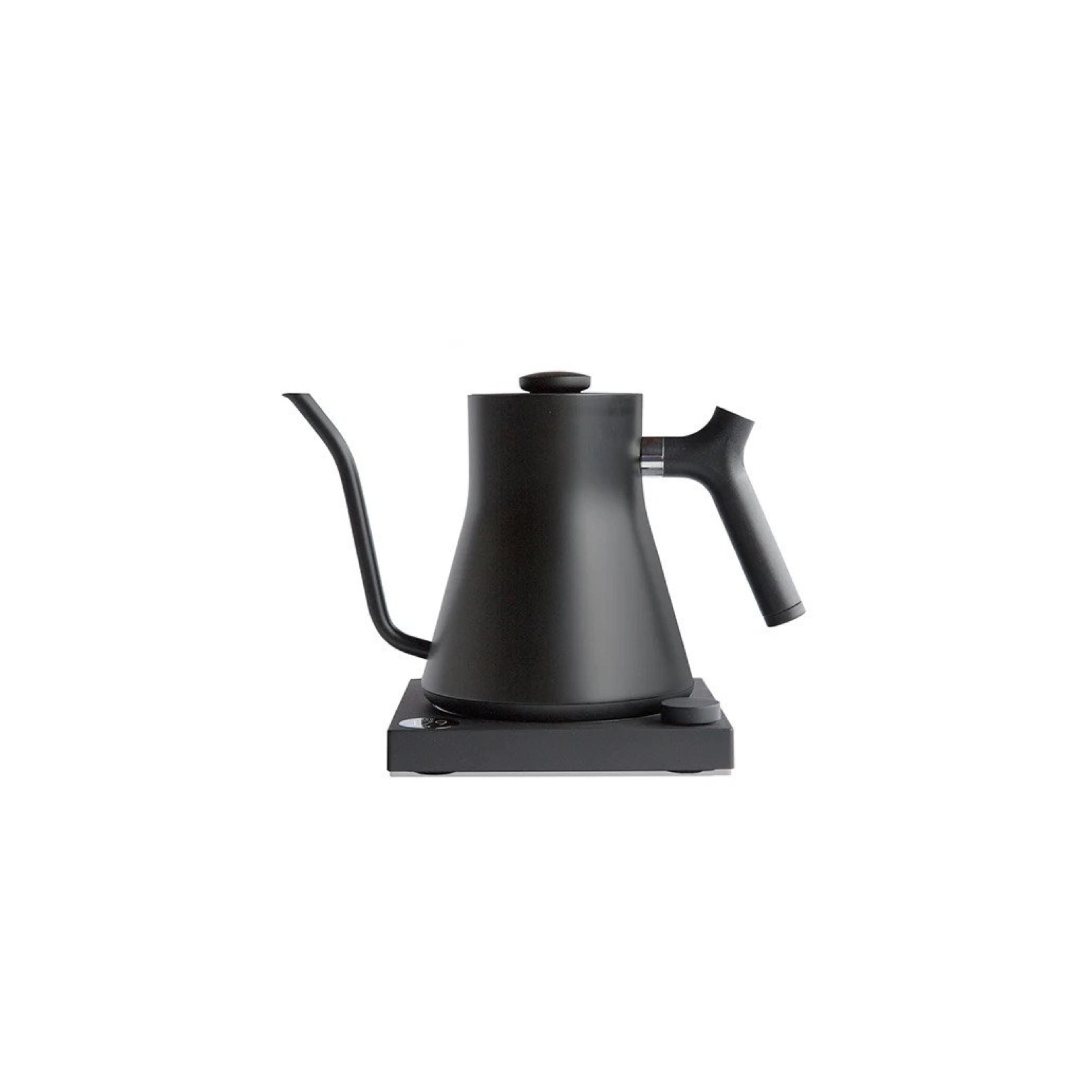 A black electric kettle with a spout and handle, an LCD screen on the front, and a base to which a kettle is placed.