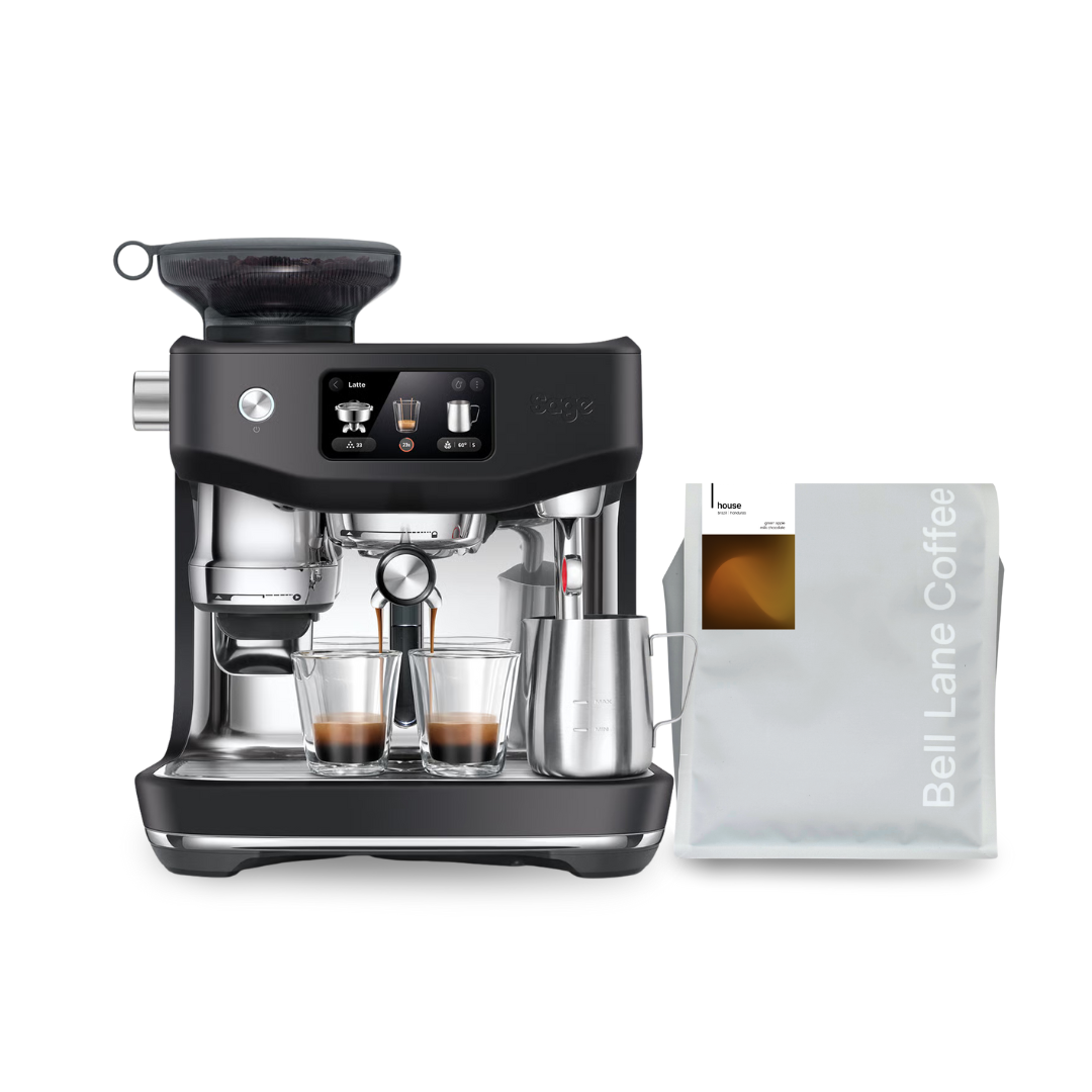 Coffee machine with two cups of coffee and a package of Bell Lane Coffee on a white background