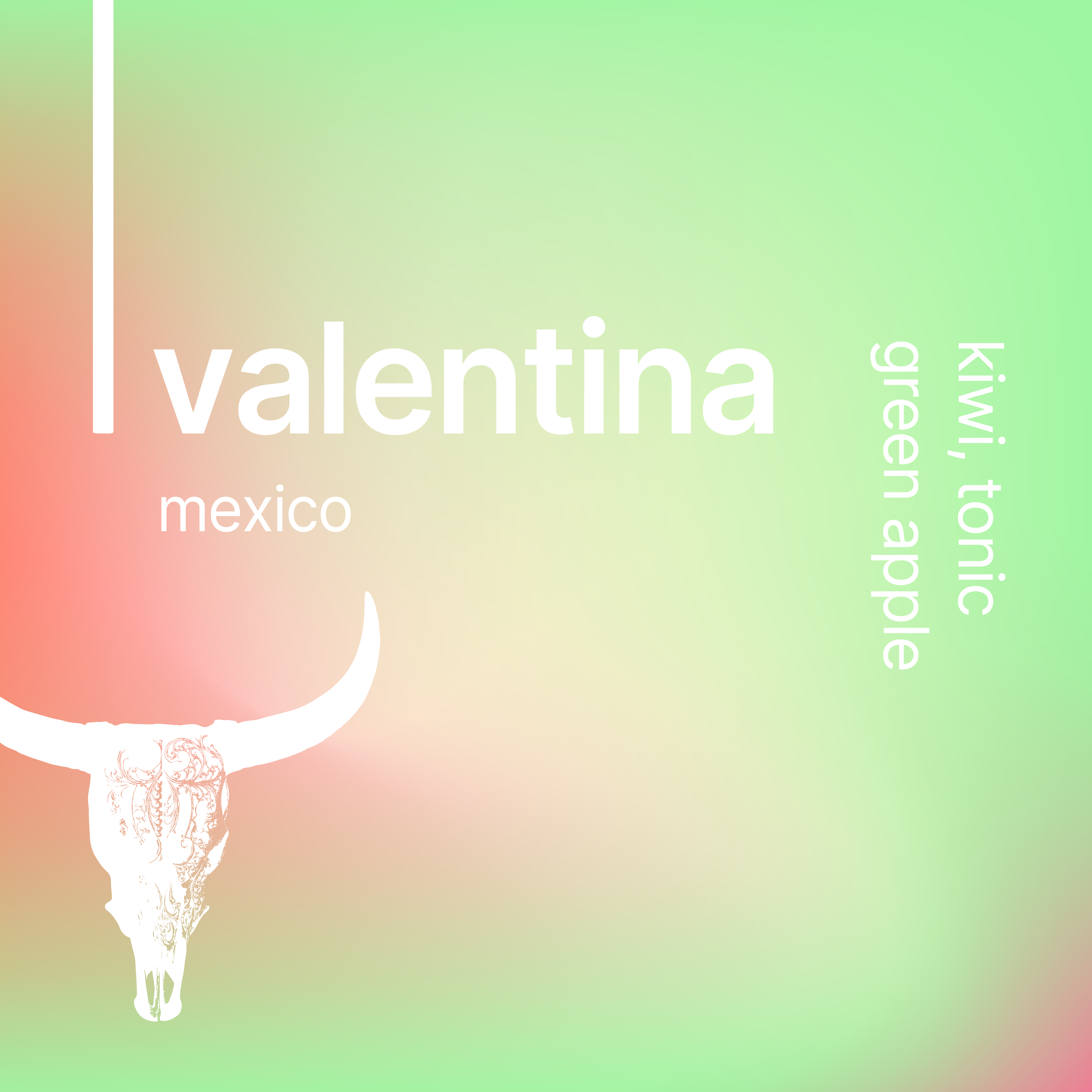 Gradient background with 'valentina' branding and a bull skull illustration.