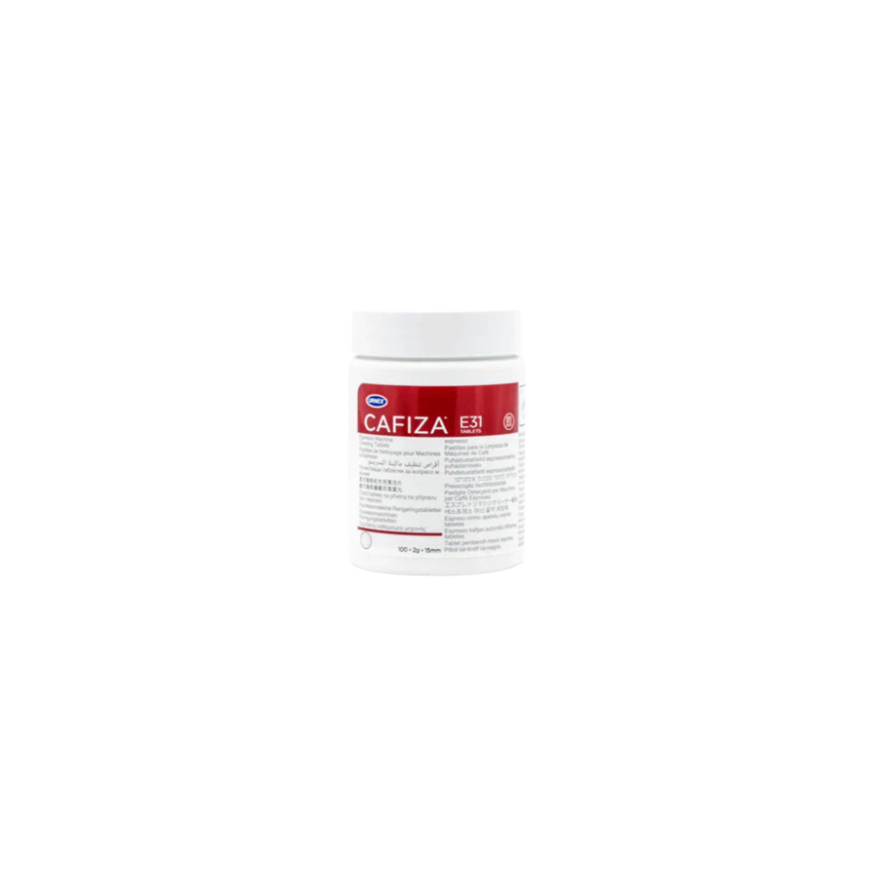 A white plastic container of Urnex Cafiza E31 cleaning tablets. The label is red and white, displaying the Cafiza brand name and product code “E31.” The container includes multilingual instructions for use with espresso machines and contains 100 tablets (2g each, 15mm diameter). The product is photographed against a plain white background.