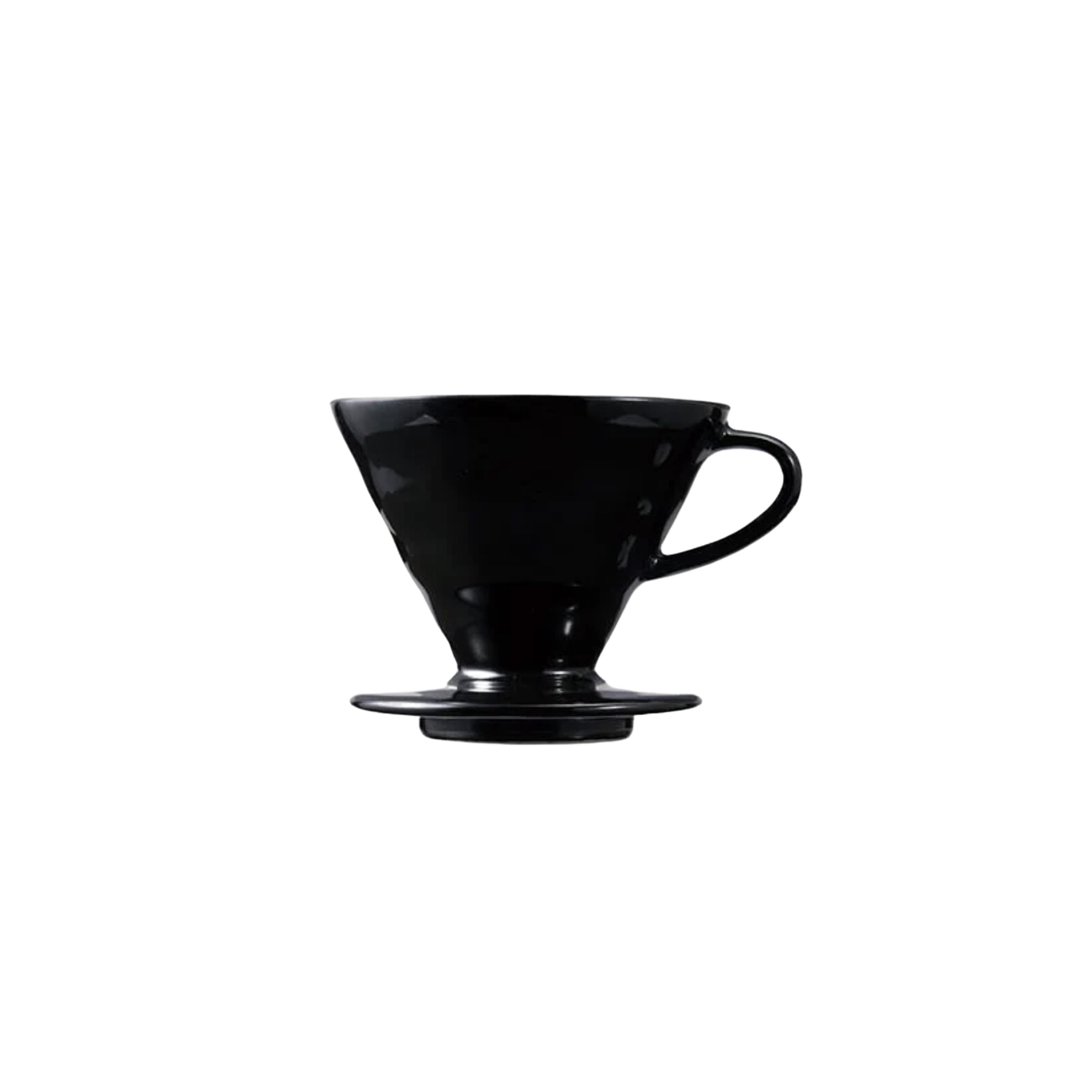 A black ceramic V60 coffee dripper with a conical shape and a single handle. The dripper features interior spiral ridges and a large central hole for optimal coffee extraction. It is photographed against a plain white background.