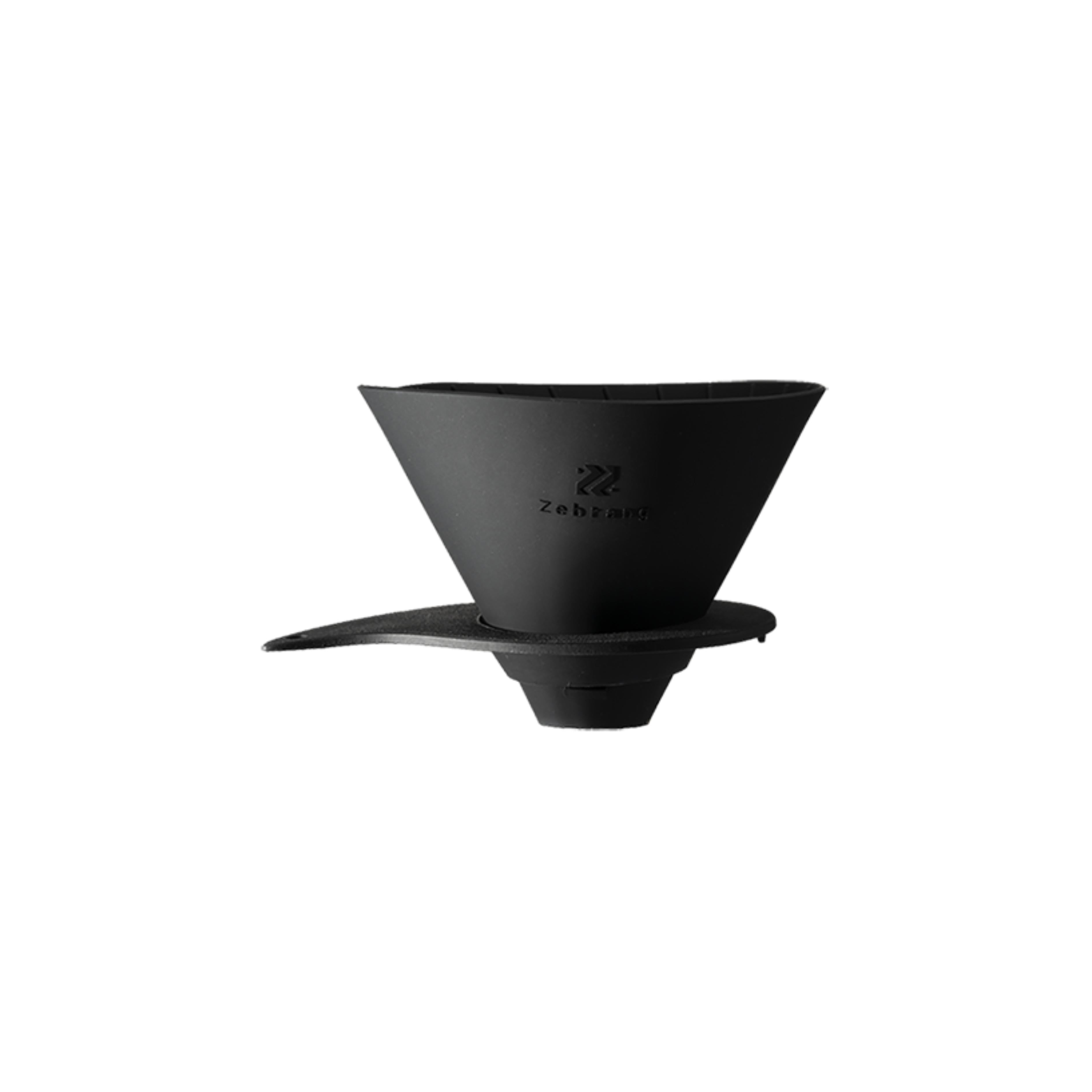 A black Zebrang V60 flat dripper made of durable, lightweight material. The dripper has a conical shape with a wide opening at the top and a compact base. The Zebrang logo is subtly embossed on the side. It is photographed against a white background.
