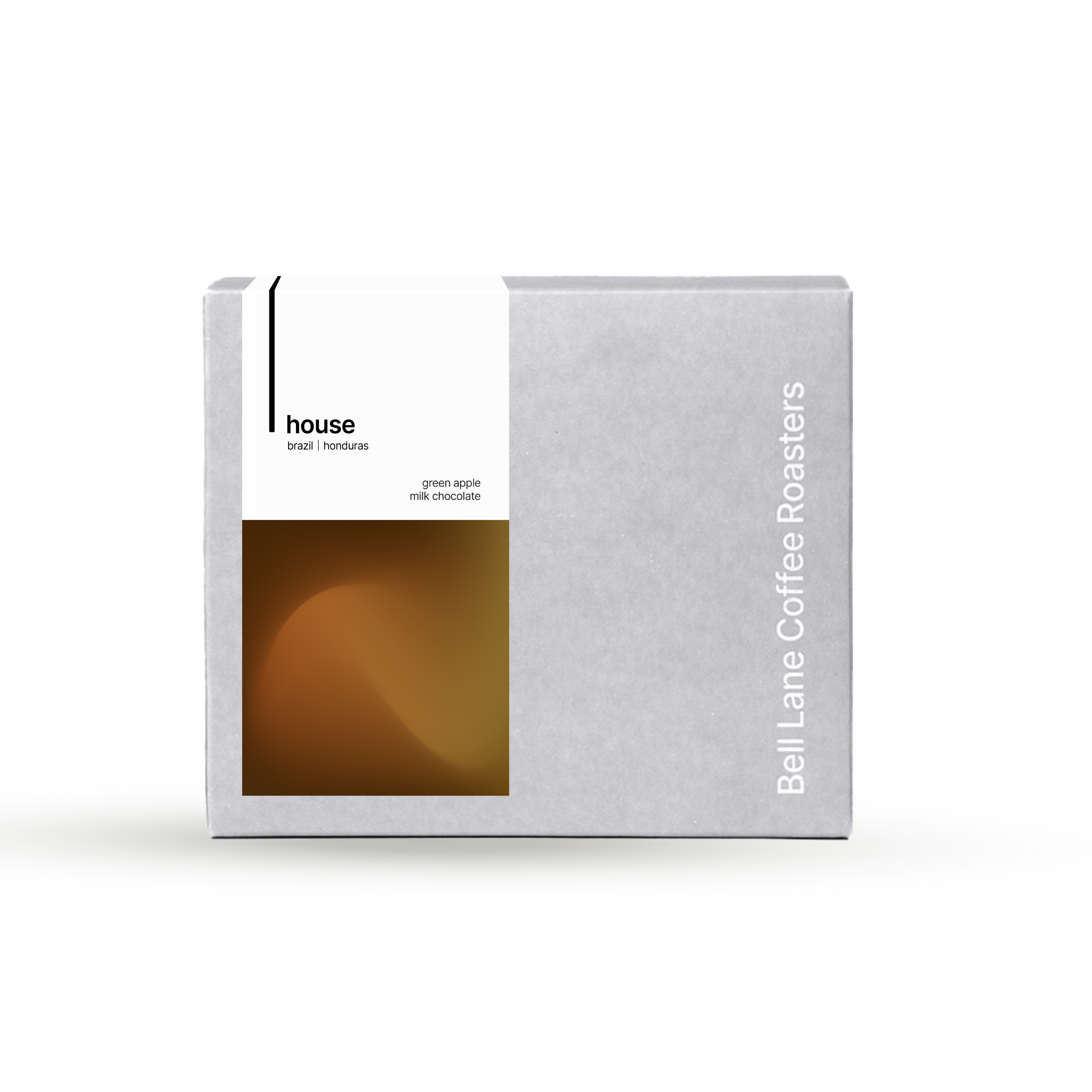 Bell Lane Coffee Roasters House blend box featuring Brazil and Honduras coffee, with green apple and milk chocolate tasting notes.