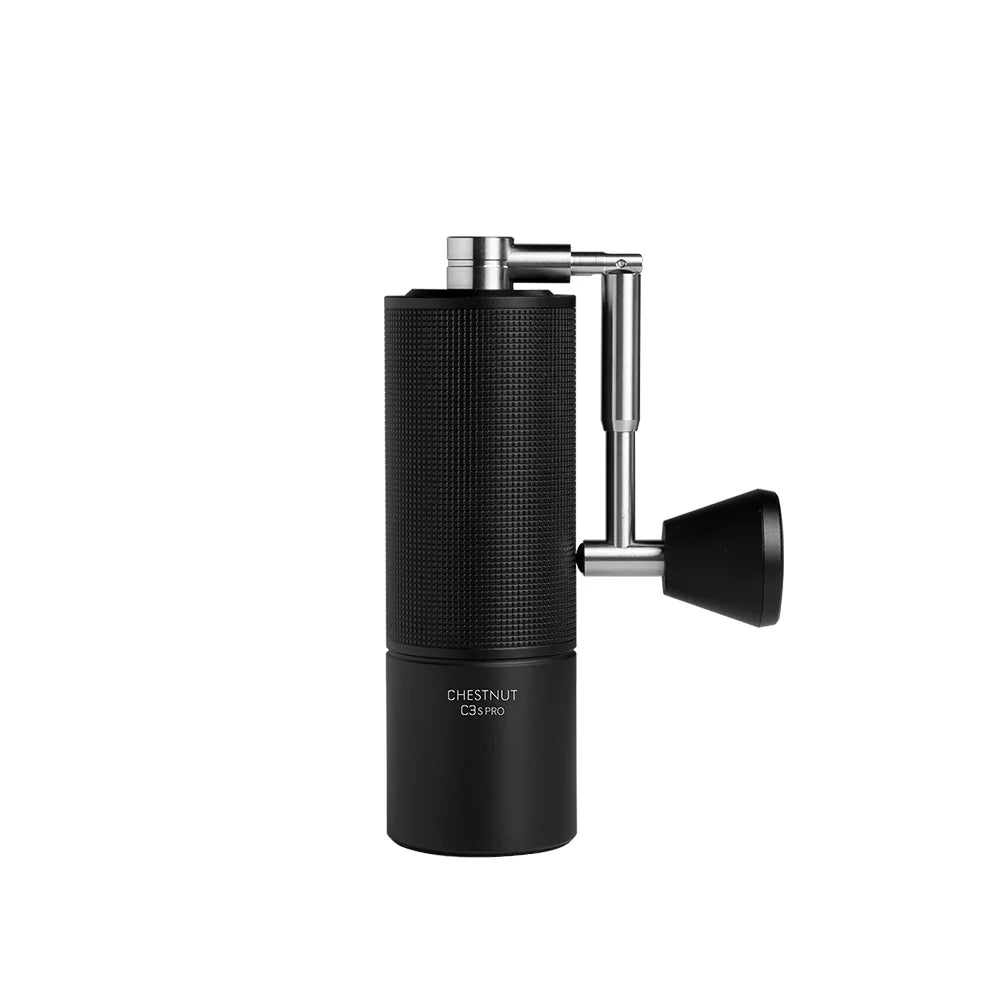 Timemore Chestnut C3S Pro manual coffee grinder in black with stainless steel handle, shown on white background.