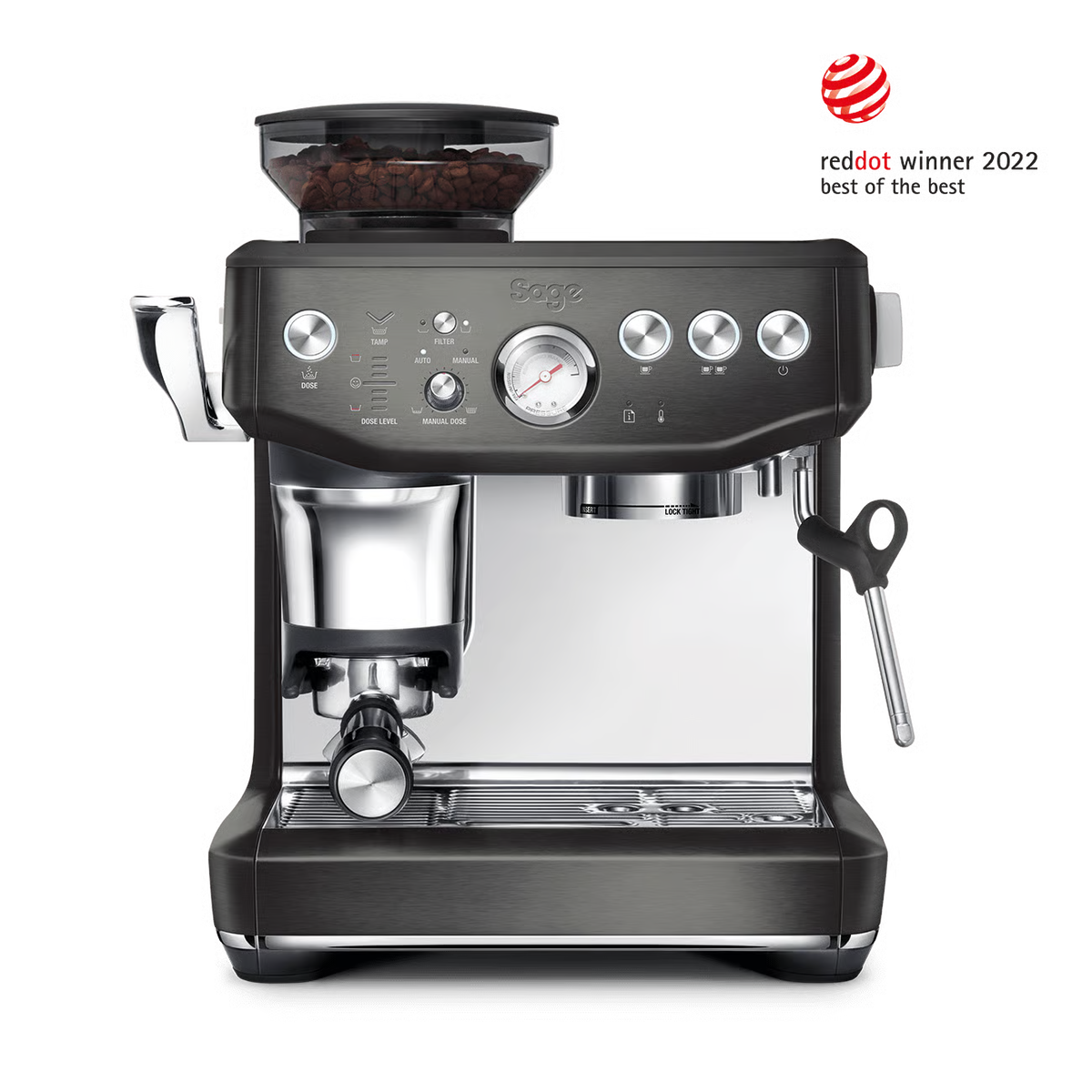 A Semper Fiocco espresso machine in dark metallic gray with stainless steel accents, shown on a white background with a Red Dot 2022 Best of the Best award badge in the top right corner.