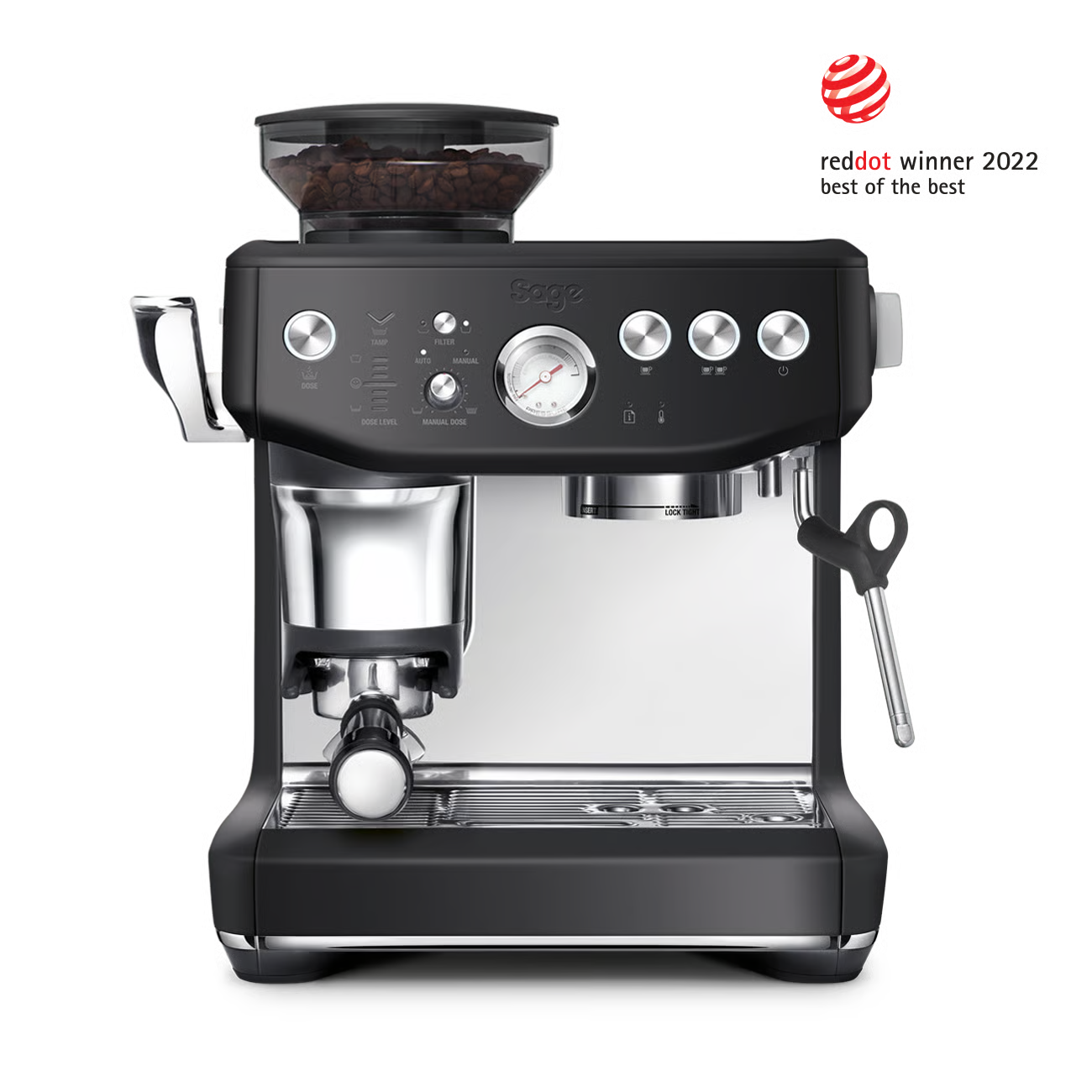 Black and silver Breville espresso machine on a transparent background