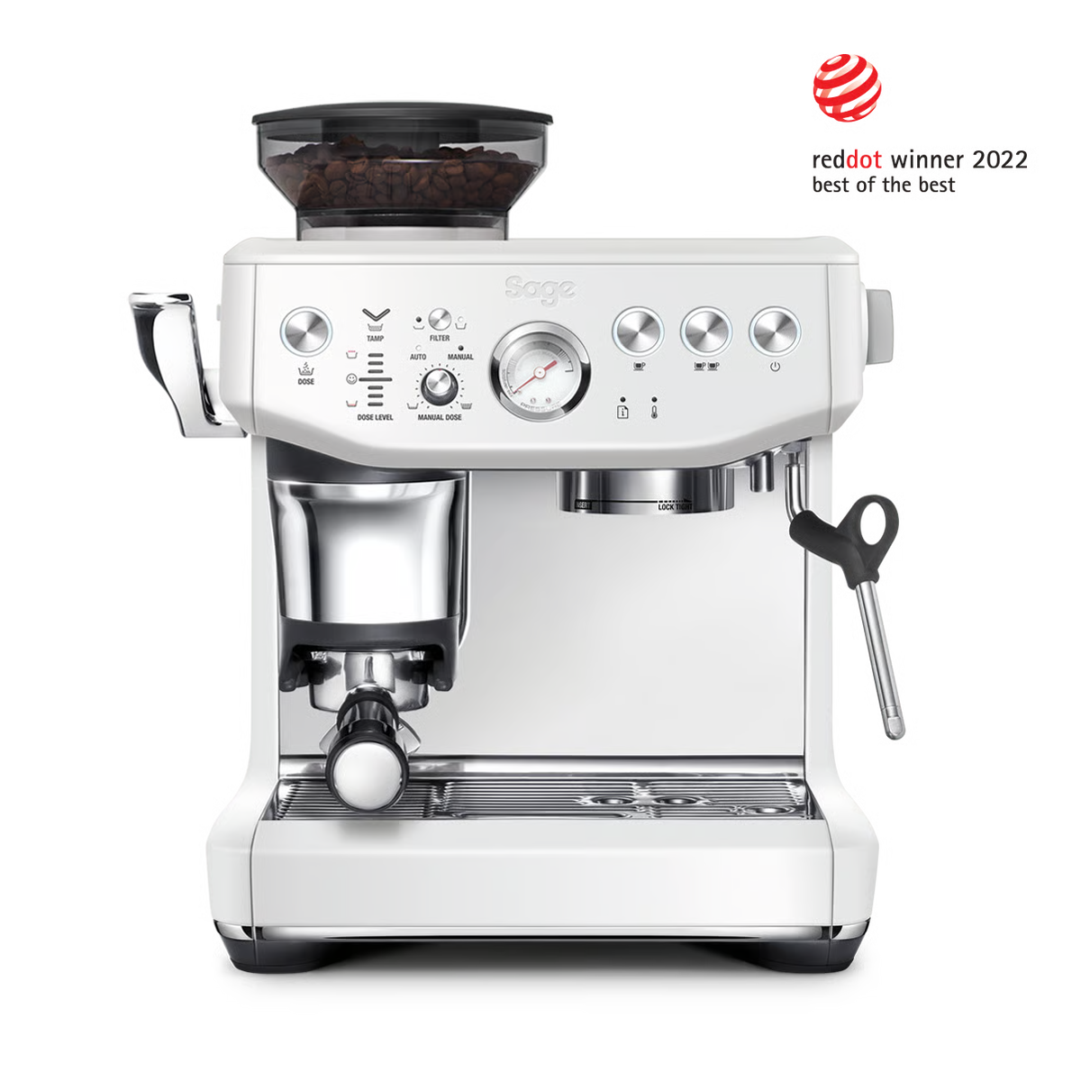White espresso machine with silver accents on a transparent background