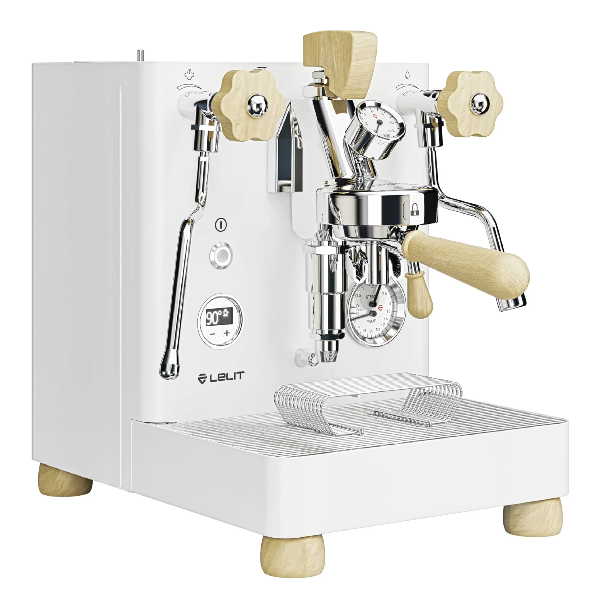 White espresso machine with wooden handles on a white background