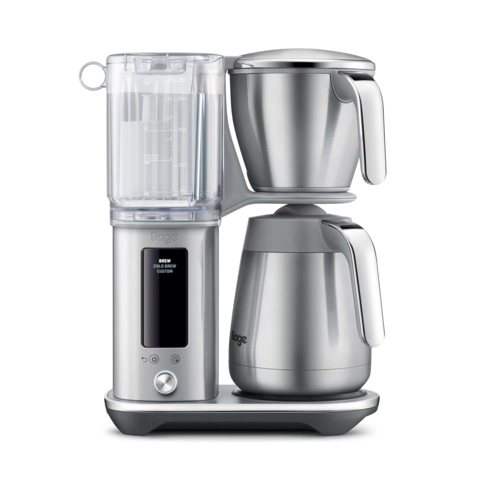 Silver coffee maker with digital display on a white background