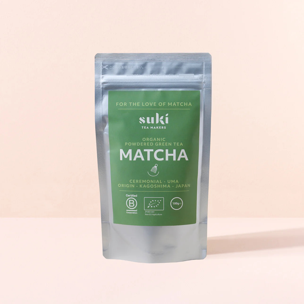 Suki Tea Makers organic powdered green tea matcha pouch with green and silver packaging, labelled as ceremonial grade from Kagoshima, Japan.